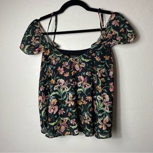 Topshop Women 2 Black Floral Basic Top Off The Shoulder Shirt Sleeve